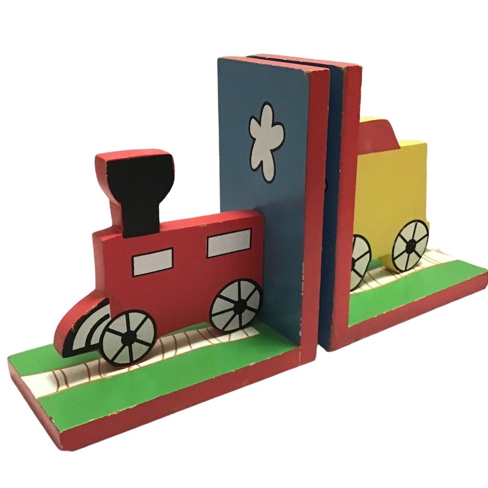 Vintage Wooden Wood Train Bookends for Kids Books Library Colorful Child Made